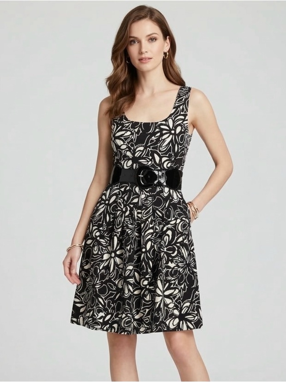 joci & i Black & White Floral A-Line Dress with Belt